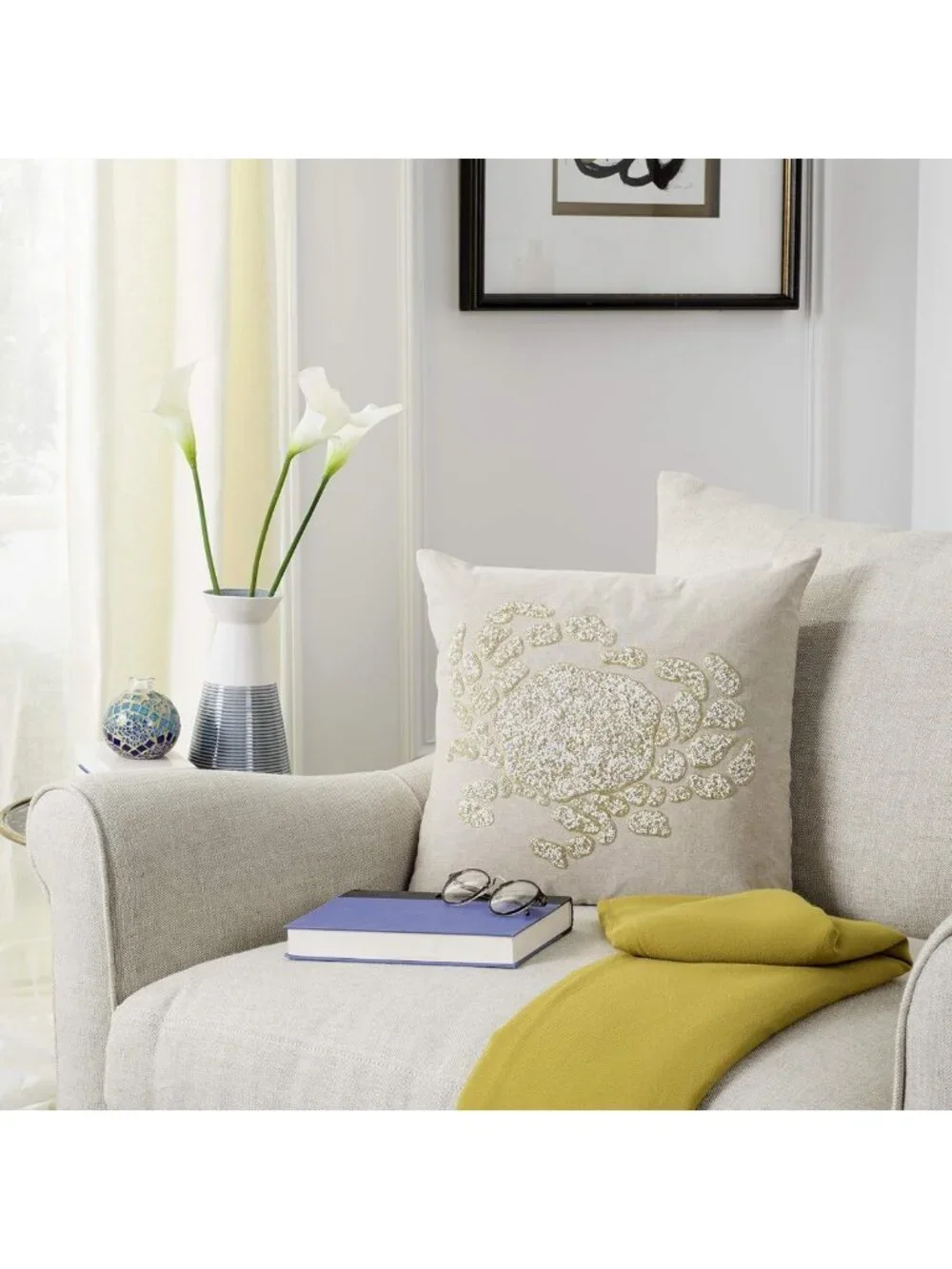Beige and White Beaded Glam Decorative Pillow | 20-Inch Accent Cushion